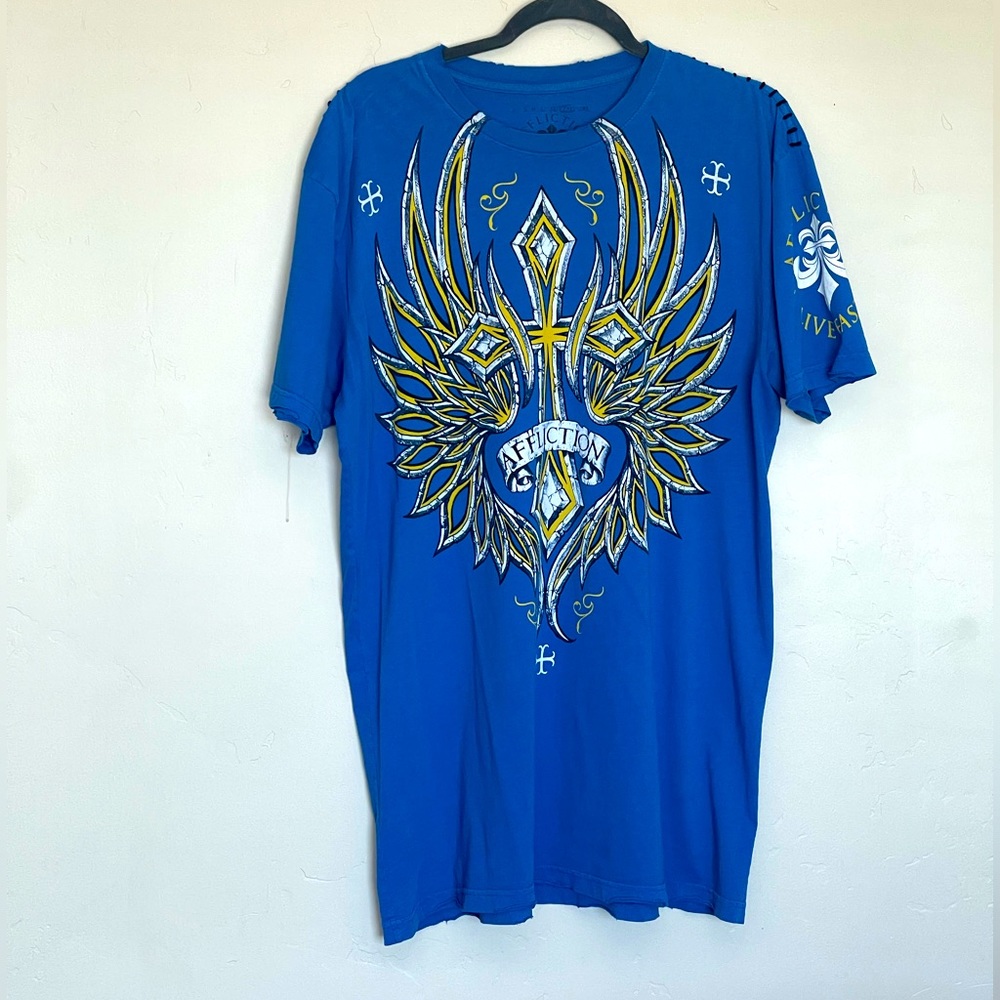 Affliction Live Fast T-Shirt. Blue, Graphic, Large Thread.  Men 2xl